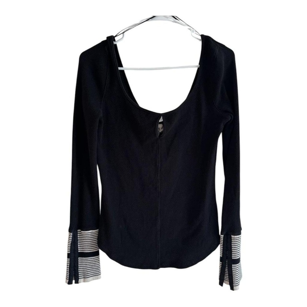 Free People Waffle Knit Mod Stripe Cuff Black Top Size Medium